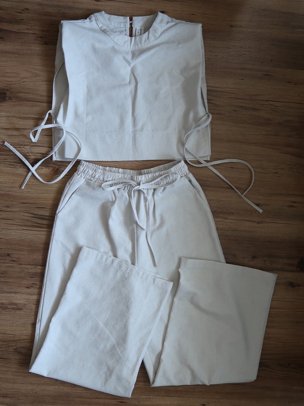 NWOT Commense Linen-Blend Two Piece Set Wide Leg Pants + Cropped Tie Top Khaki S